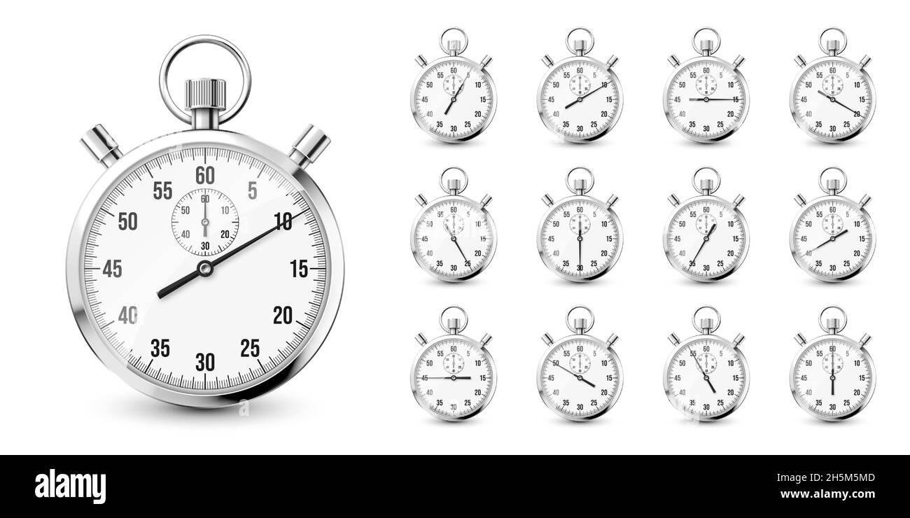 Realistic classic stopwatch icons. Shiny metal chronometer, time