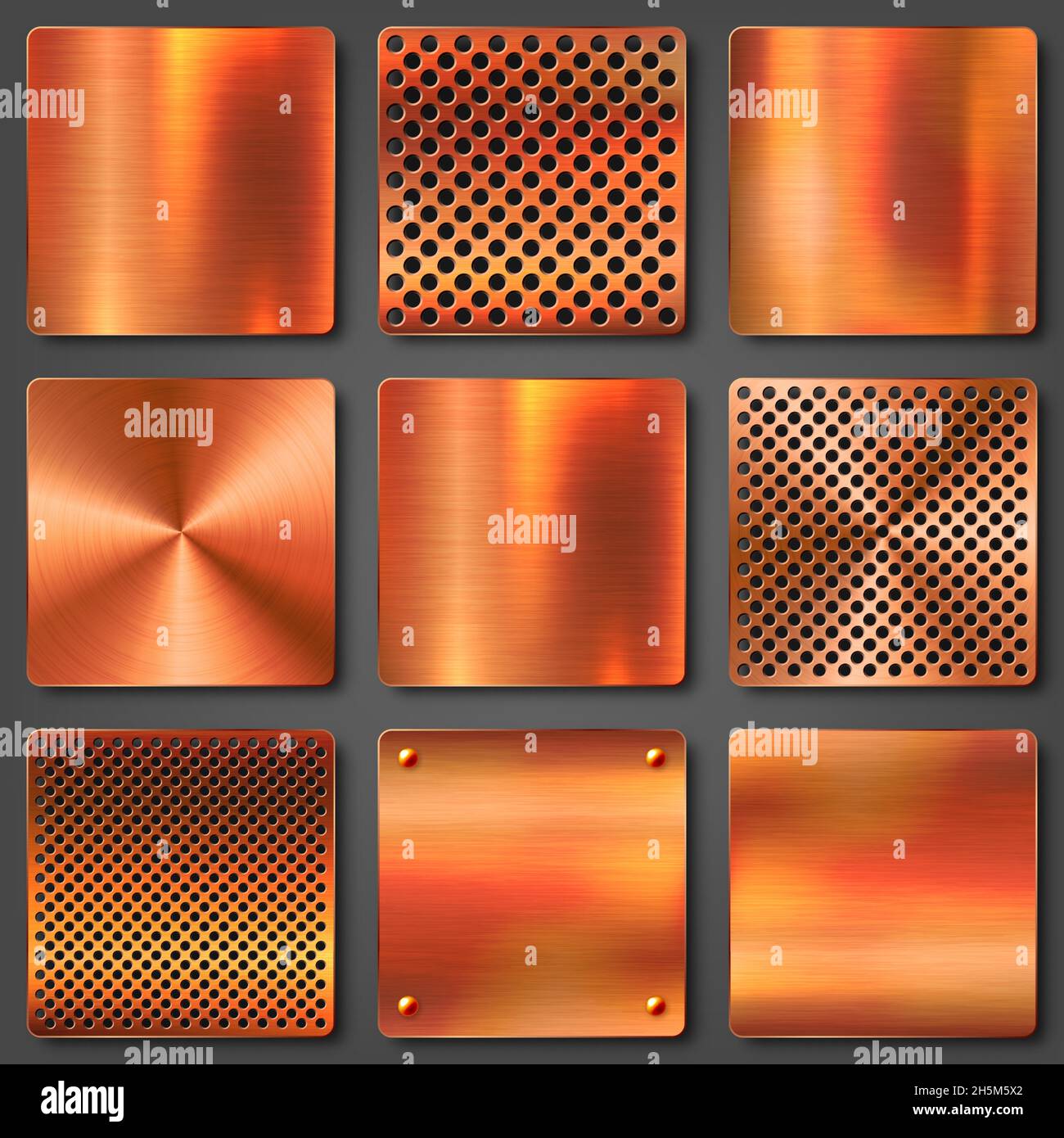Realistic copper banners collection. Brushed stainless steel plate. Polished metal surface. Scratched industrial texture, metal background. Vector Stock Vector