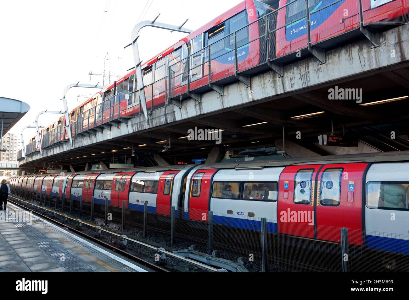 Multi-level platforms at Canning Town station for Docklands Light Railway and Underground, London Stock Photo