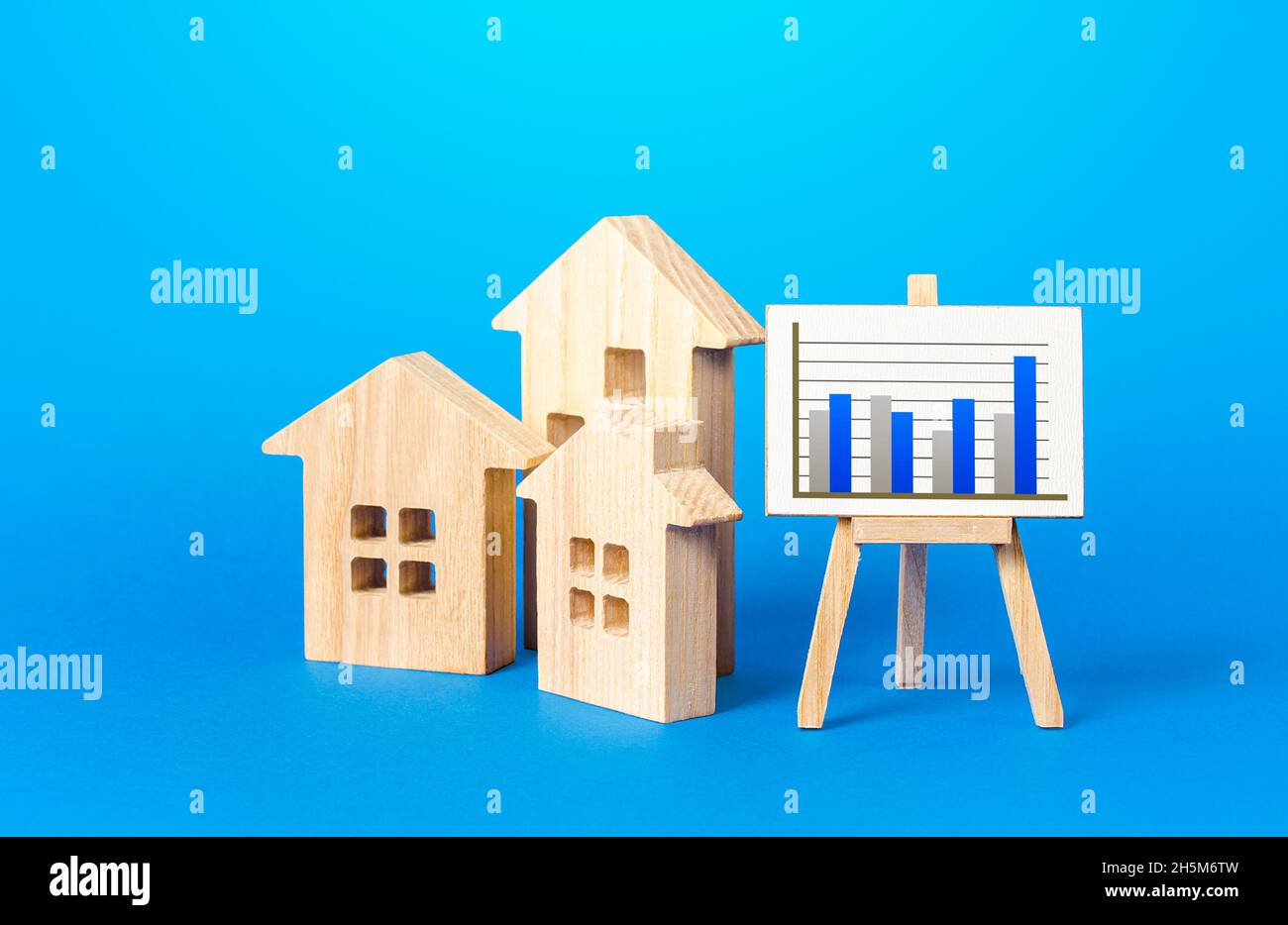 Houses and easel with growing chart. Real estate market recovery and growth. Increased interest, demand for housing. Investment climate. Economy and e Stock Photo
