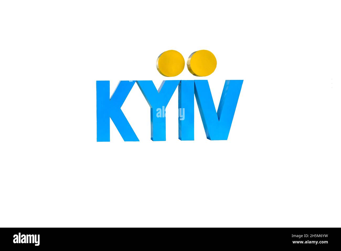 3D illustration (3D rendering) from the word KIEV, the capital of Ukraine, written in blue and yellow on an undercut on a white background in the cent Stock Photo