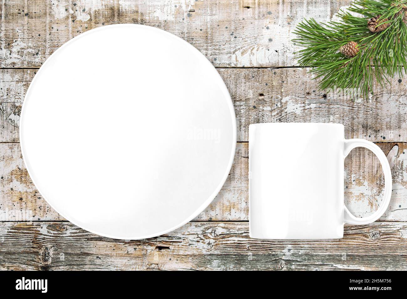 Mockup white plate tray and mug on rustic wooden background Stock Photo