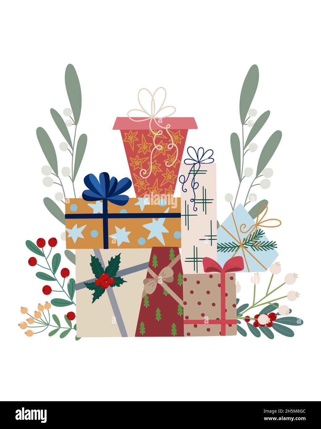 Christmas plants and gifts arrangement vector illustration, winter holidays card template 