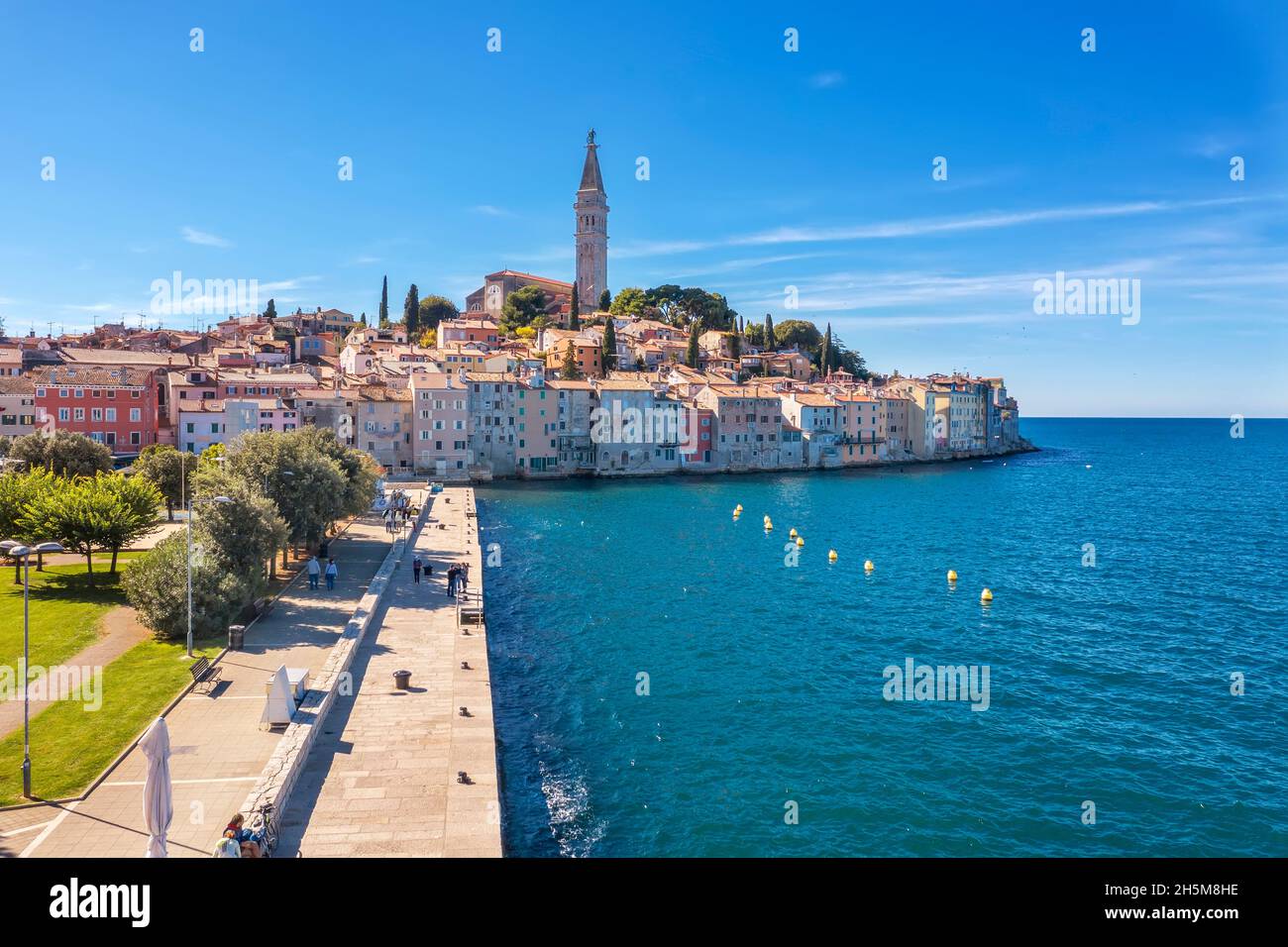 an amazing wiew of Rovinj with bell tower. On the top of tower is statue St. Euphemia protector of  Rovinj, Istria, Croatia Stock Photo