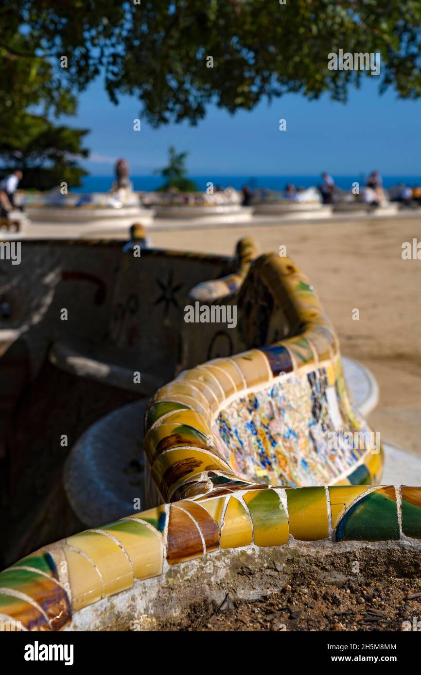 Parc Guell, Barcelona, Catalonia, Spain. A public park design by famed Catalan architect Antoni Gaudim featuring gardens and architectural curiousitie Stock Photo