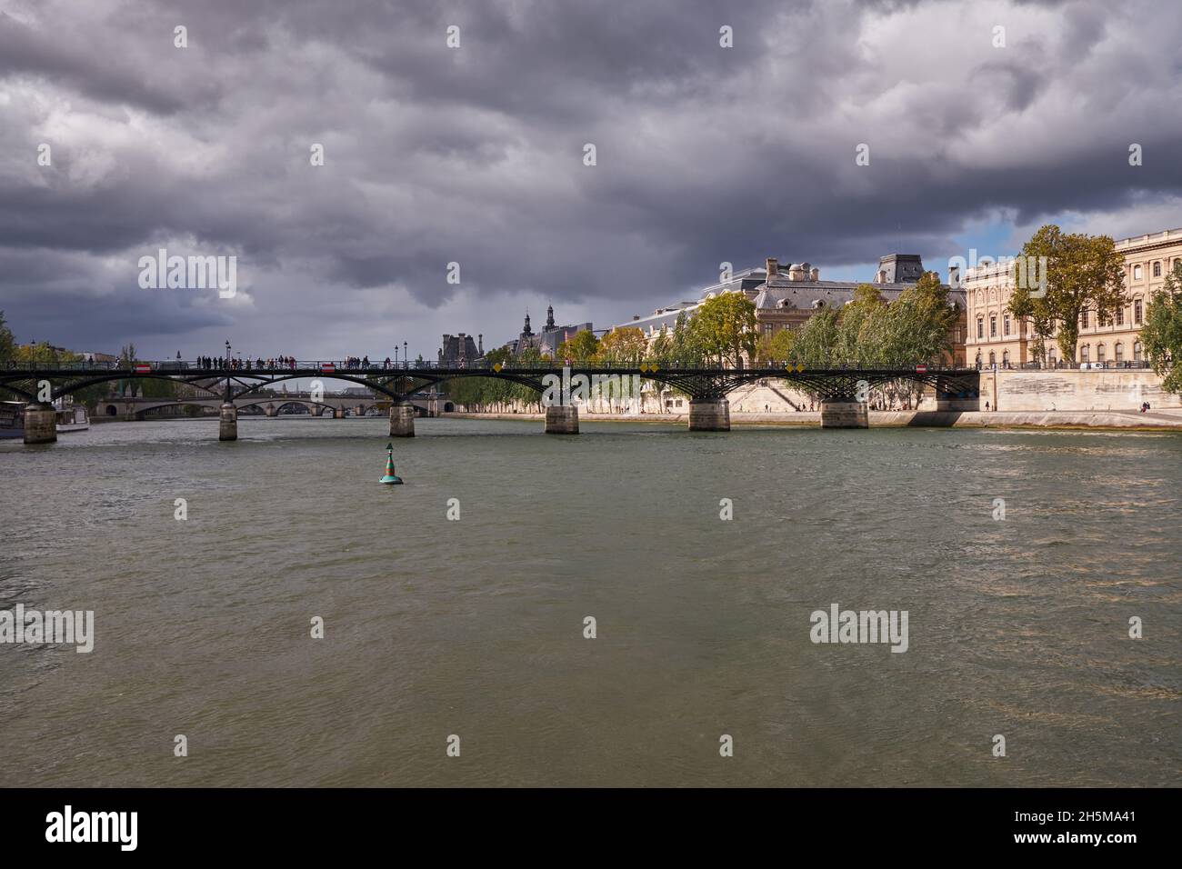 Wide Angle View - People Walking in Pont des Arts - Bridge over Seine ...