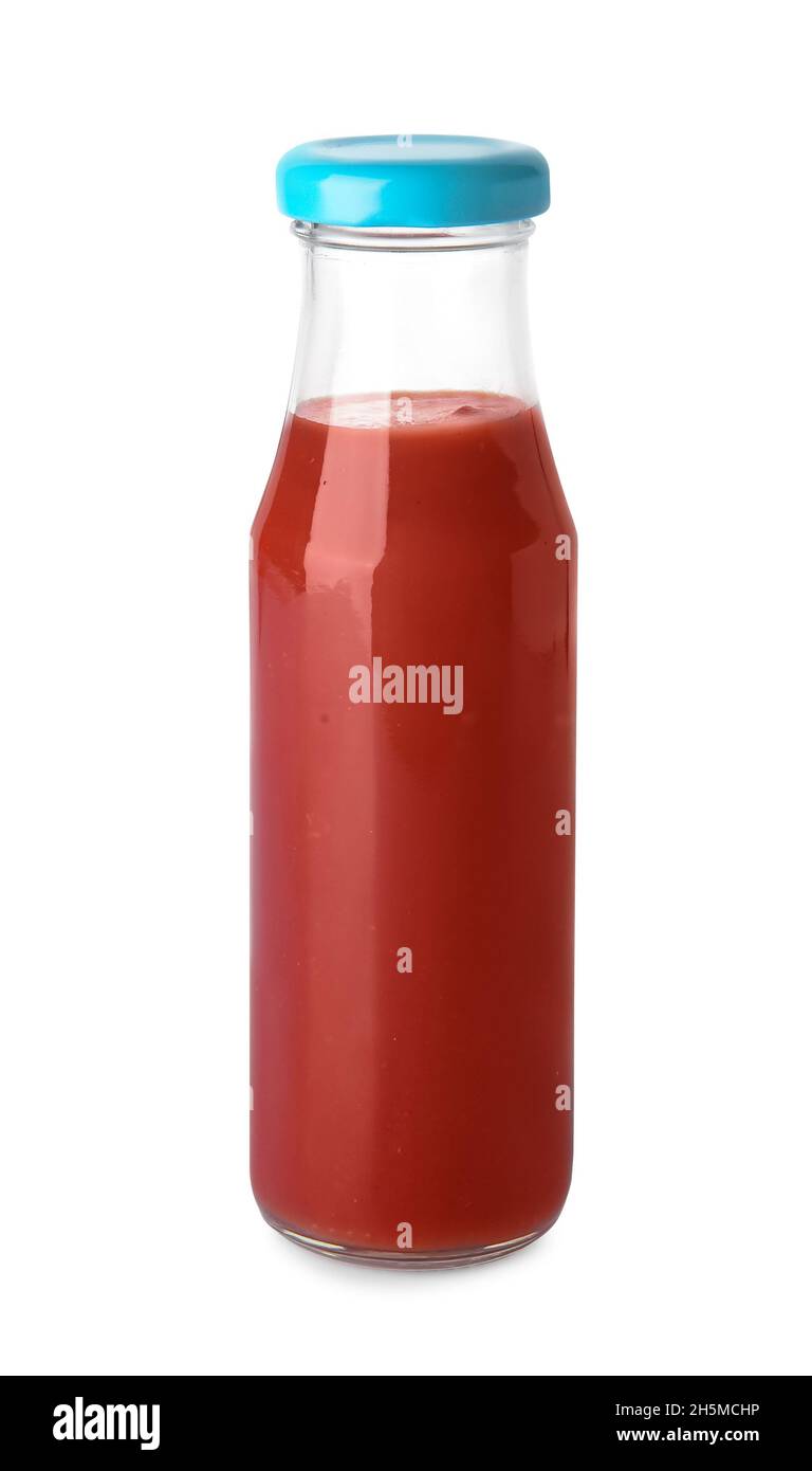 Bottle with organic tomato sauce on white background Stock Photo - Alamy