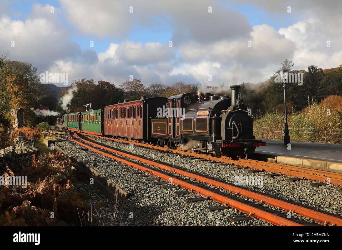 No5 Welsh Pony waters at Beddgelert on the Welsh Highland Railway. Stock Photo