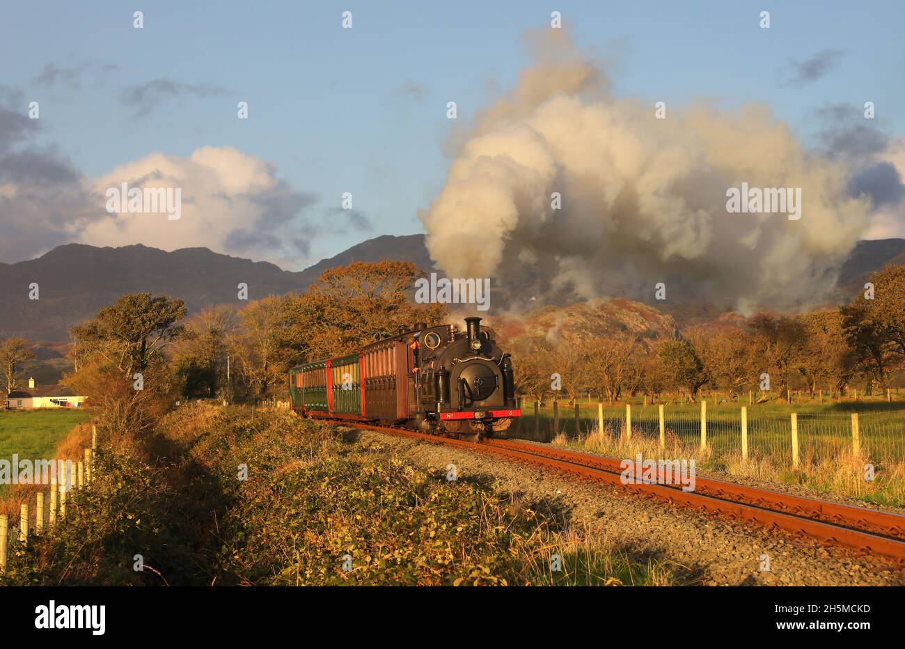 Welsh Pony No5 heads Nr Pont Croesor on the Welsh Highland Railway - 3.11.21 Stock Photo