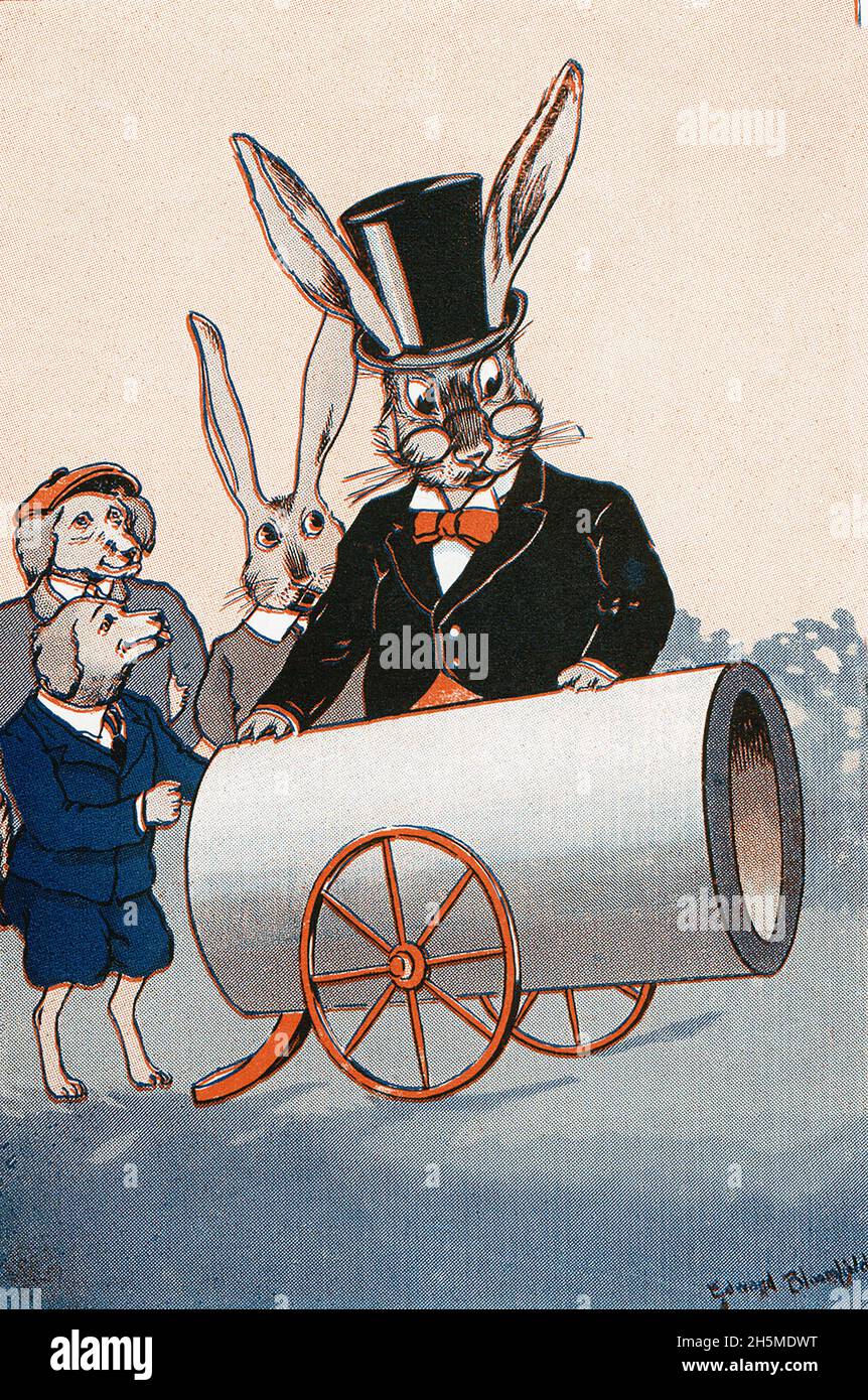 Uncle Wiggily Longears is the main character of a series of children's stories by American author Howard R. Garis (1873-1962). This illustration is from Garis’s “Uncle Wiggily and Alice in Wonderland” and shows Uncle Wiggily and cannon. Uncle Wiggily stories first appeared in the 'News' in 1910, were syndicated in 1915, and continued to be published for more than forty years, at one time appearing in one hundred newspapers. Garis wrote 35 volumes of Uncle Wiggily stories under his own name, as well as numerous other children's books under several pseudonyms. William Edward Bloomfield Starkweat Stock Photo