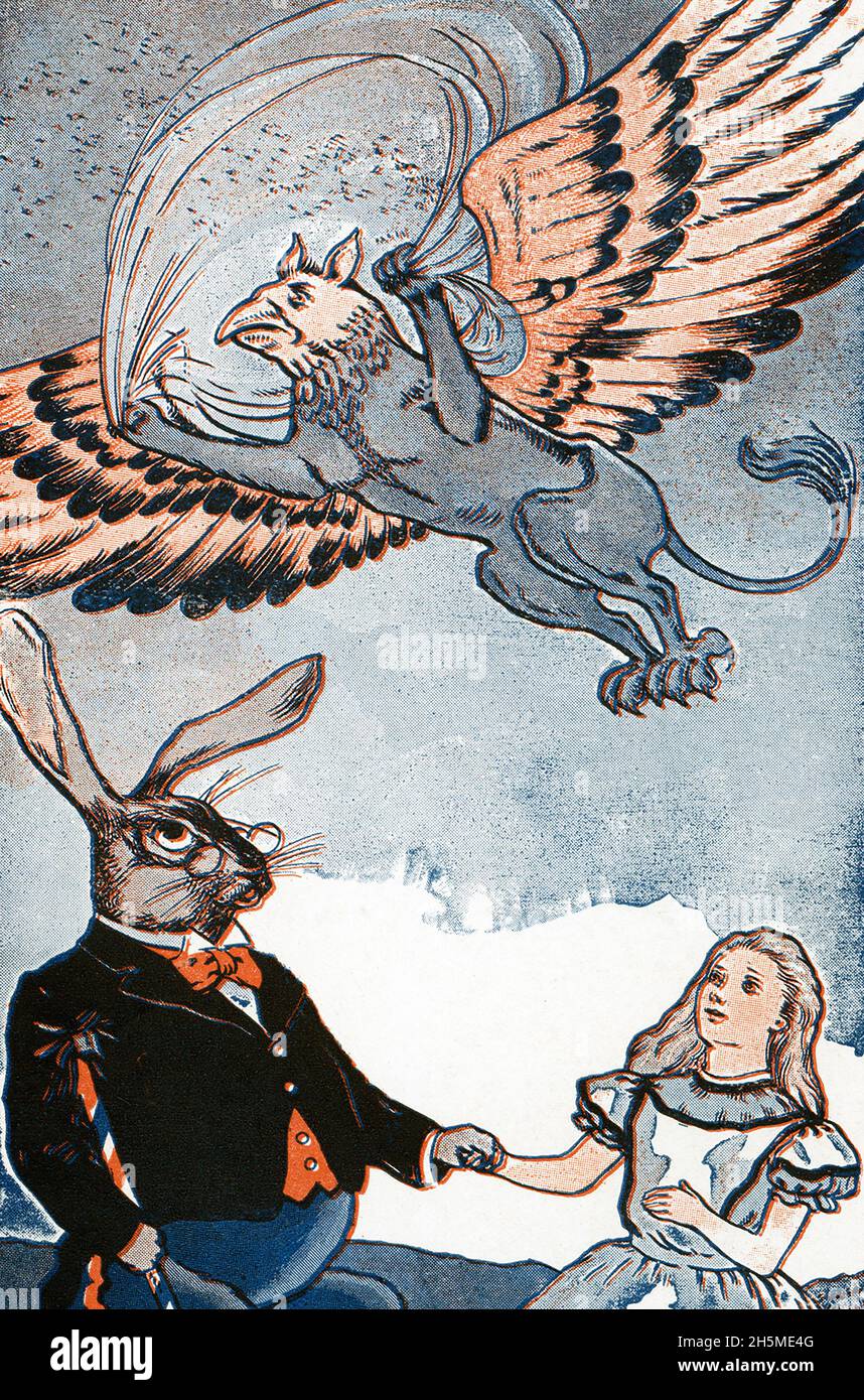 Uncle Wiggily Longears is the main character of a series of children's stories by American author Howard R. Garis (1873-1962). This illustration is from Garis’s “Uncle Wiggily and Alice in Wonderland” and shows Uncle Wiggily and Alice. Uncle Wiggily stories first appeared in the 'News' in 1910, were syndicated in 1915, and continued to be published for more than forty years, at one time appearing in one hundred newspapers. Garis wrote 35 volumes of Uncle Wiggily stories under his own name, as well as numerous other children's books under several pseudonyms. William Edward Bloomfield Starkweath Stock Photo