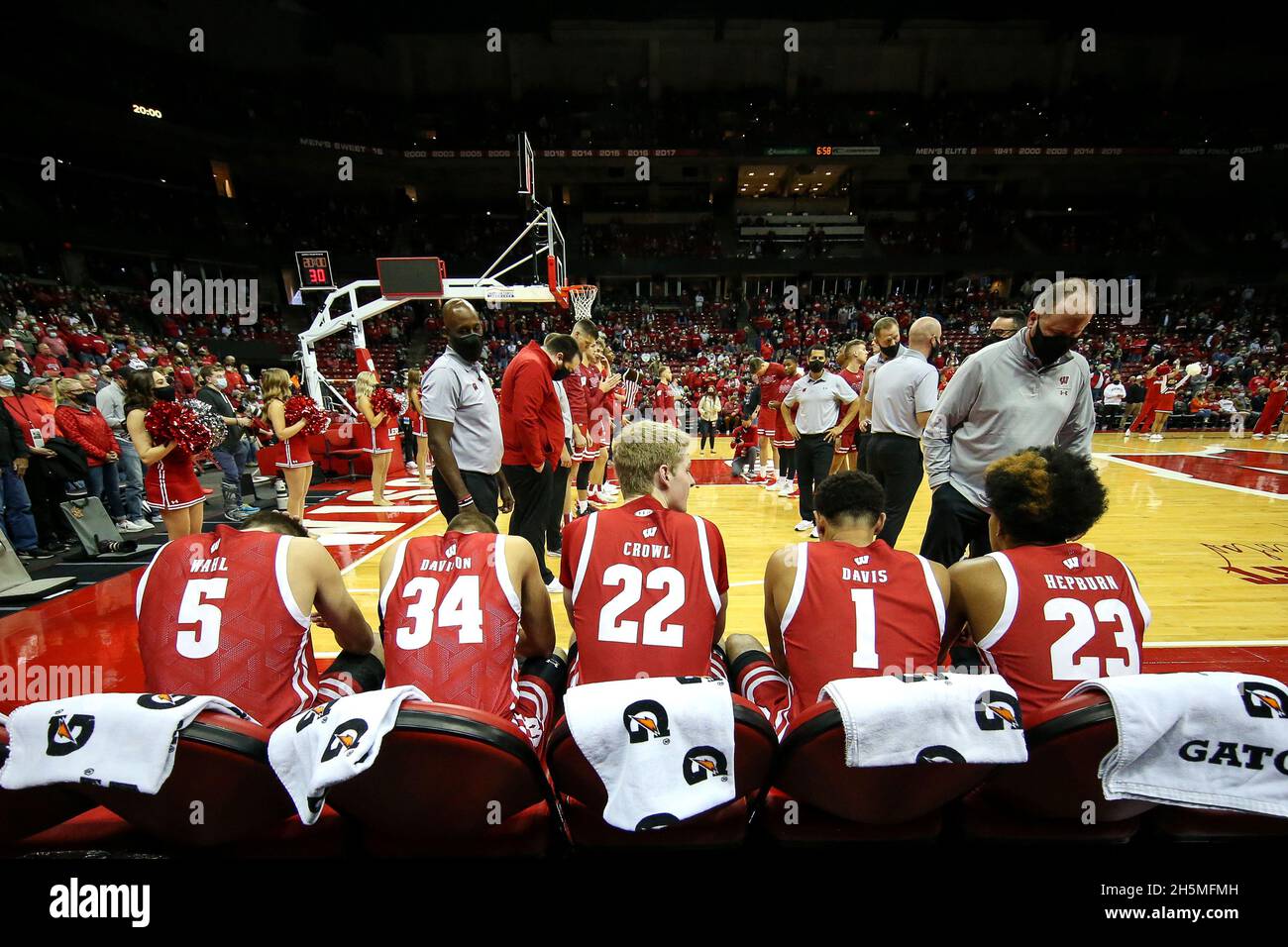 November 09, 2021: Starting line up Wisconsin Badgers forward Tyler Wahl (5), guard Brad Davison (34), forward Steven Crowl (22), guard Jonathan Davis (1), and guard Chucky Hepburn (23) waiting to be introduced during the NCAA Basketball game between the St. Francis Terriers and the Wisconsin Badgers at the Kohl Center in Madison, WI. Darren Lee/CSM Stock Photo