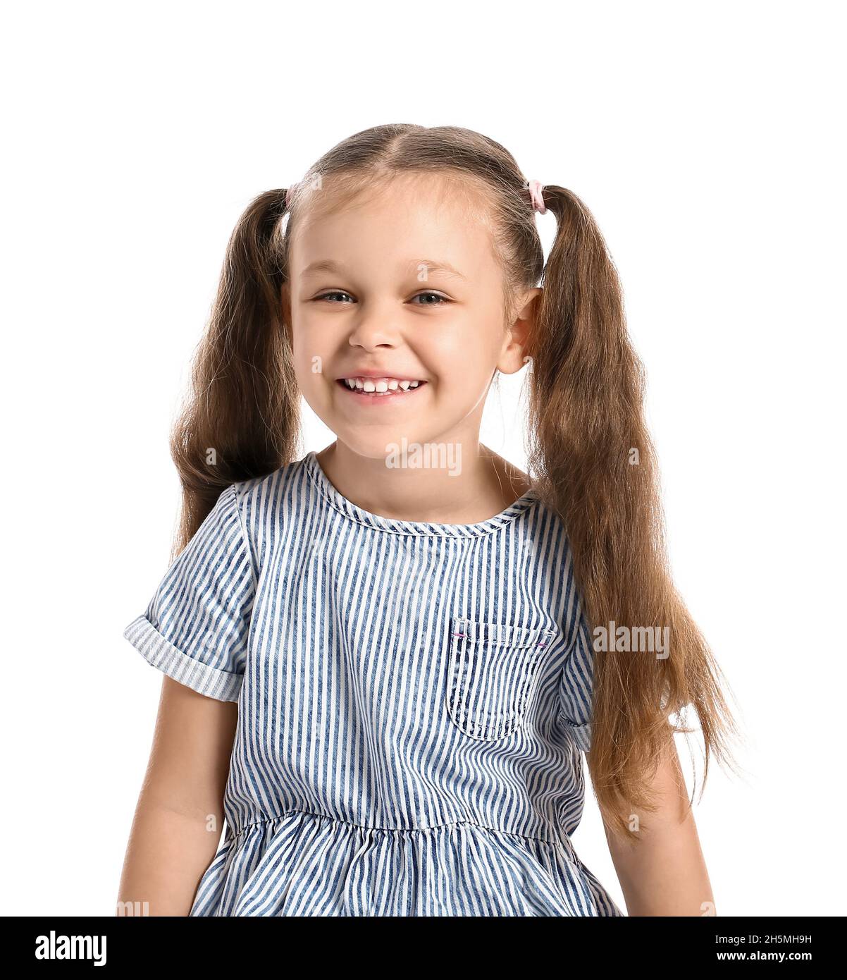 Portrait of pretty happy little girl on white background Stock Photo ...