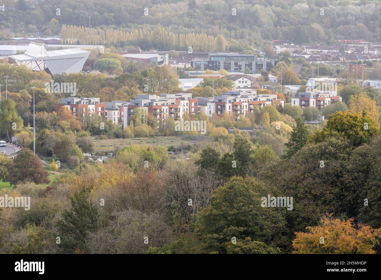 The cityscape of Ashton Vale in Bristol, including Ashton Gate Stadium, Imperial Tobacco campus, and the apartment buildings of Paxton Drive. Stock Photo