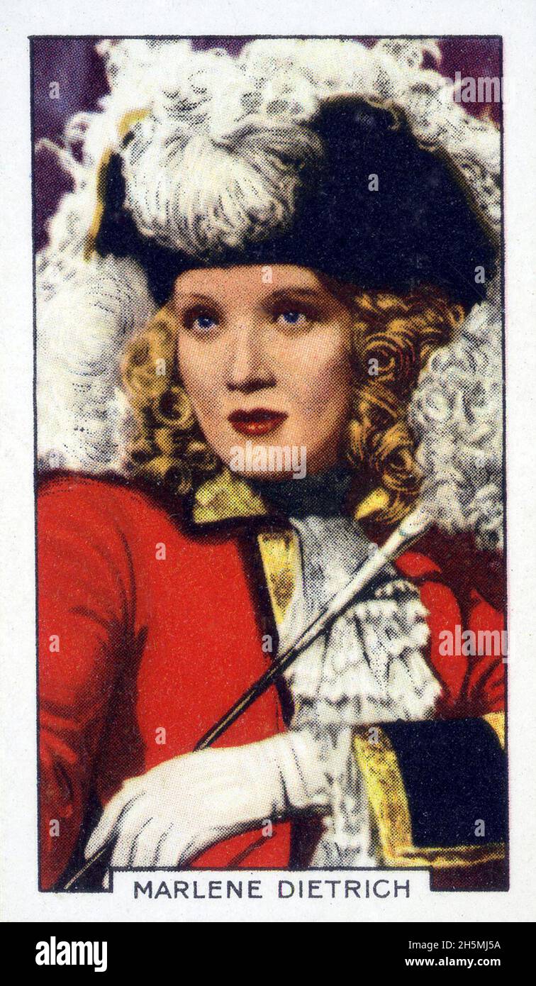 Collectible vintage trading card from a set titled Portraits of Famous Stars  featuring Marlene Dietrich was issued by Gallaher Ltd. of the UK. Stock Photo