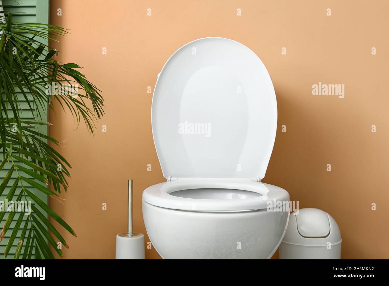 Toilet bowl near color wall in restroom Stock Photo Alamy