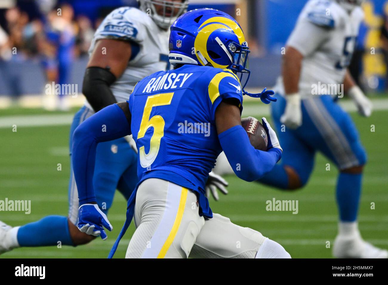 Los Angeles, United States. 24th Oct, 2021. Los Angeles Rams cornerback Jalen Ramsey (5) during an NFL game against the Detroit Lions, Sunday, Oct. 24, 2021, in Los Angeles. The Rams defeated the Lions 28-19. (Dylan Stewart/Image of Sport) Photo via Credit: Newscom/Alamy Live News Stock Photo