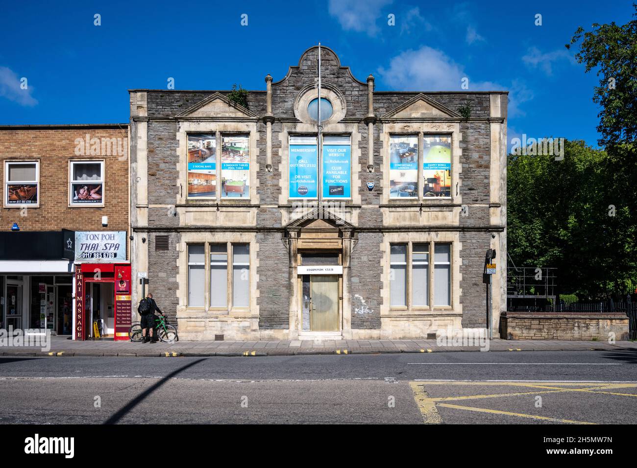 Sun shines on the Fishponds Conservative Club building in north Bristol. Stock Photo