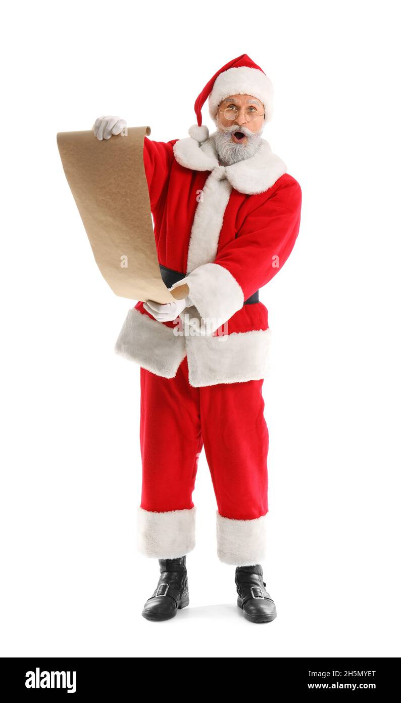 Surprised Santa Claus reading wish list on white background Stock Photo ...