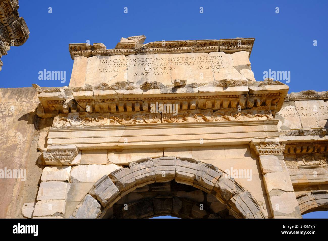 The Gate of Augustus in Ephesus, Turkey built to honor the Emperor Augustus and his family Stock Photo