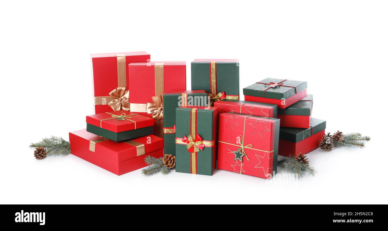 Christmas gift boxes on white background Stock Photo - Alamy