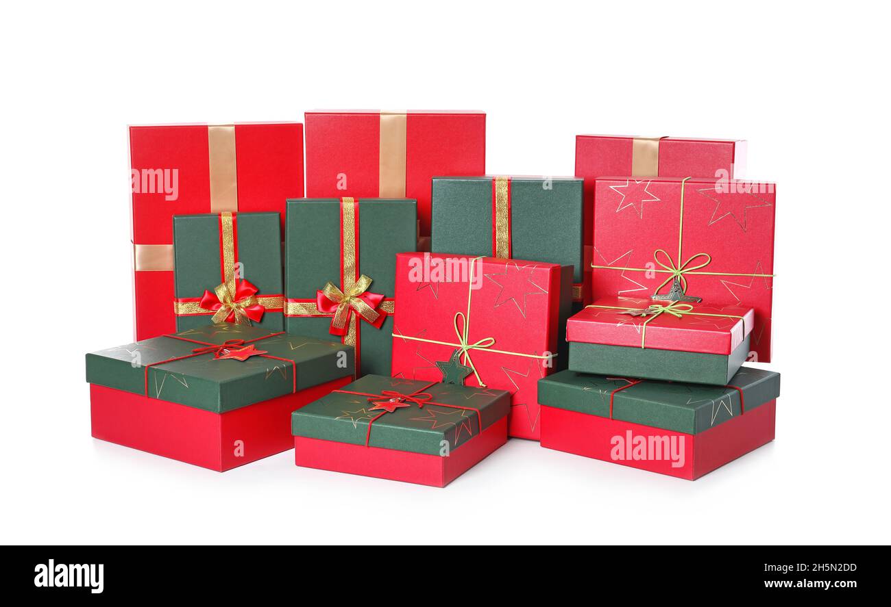 Christmas gift boxes on white background Stock Photo - Alamy