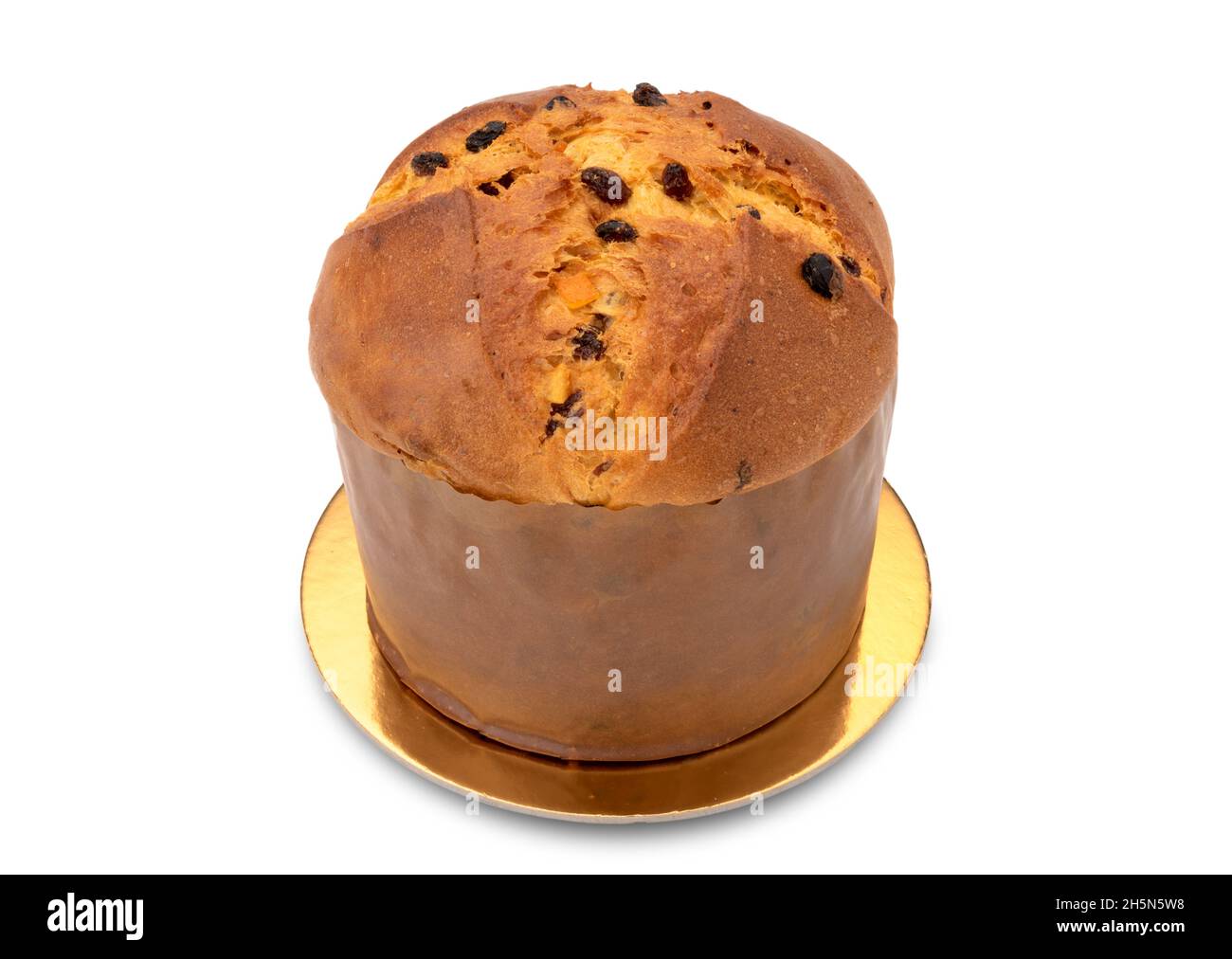 Classic Panettone - Italian Christmas cake from Milan , prepared to celebrate Christmas and New Year, on golden tray, isolated on white Stock Photo