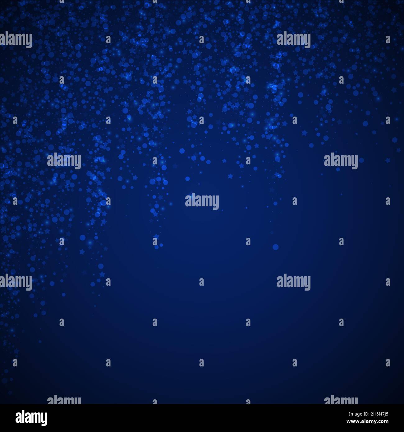 Magic stars sparse Christmas background. Subtle flying snow flakes and stars on dark blue night background. Adorable winter silver snowflake overlay t Stock Vector
