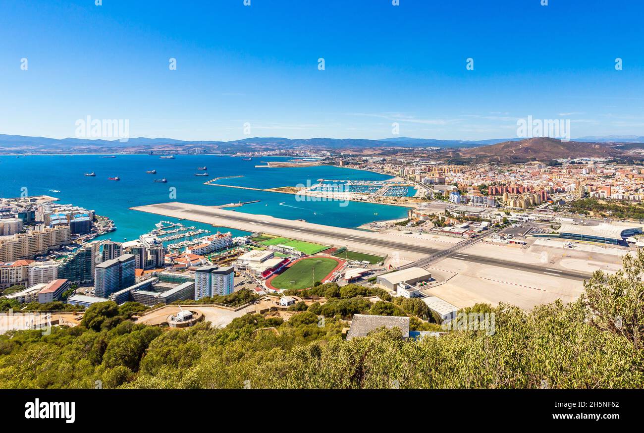 Gibraltar city and bay panoramic view from the Rock of Gibraltar with