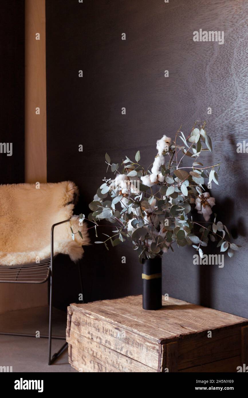 Eucalyptus gum tree leaves on branches used as modern bedroom furniture