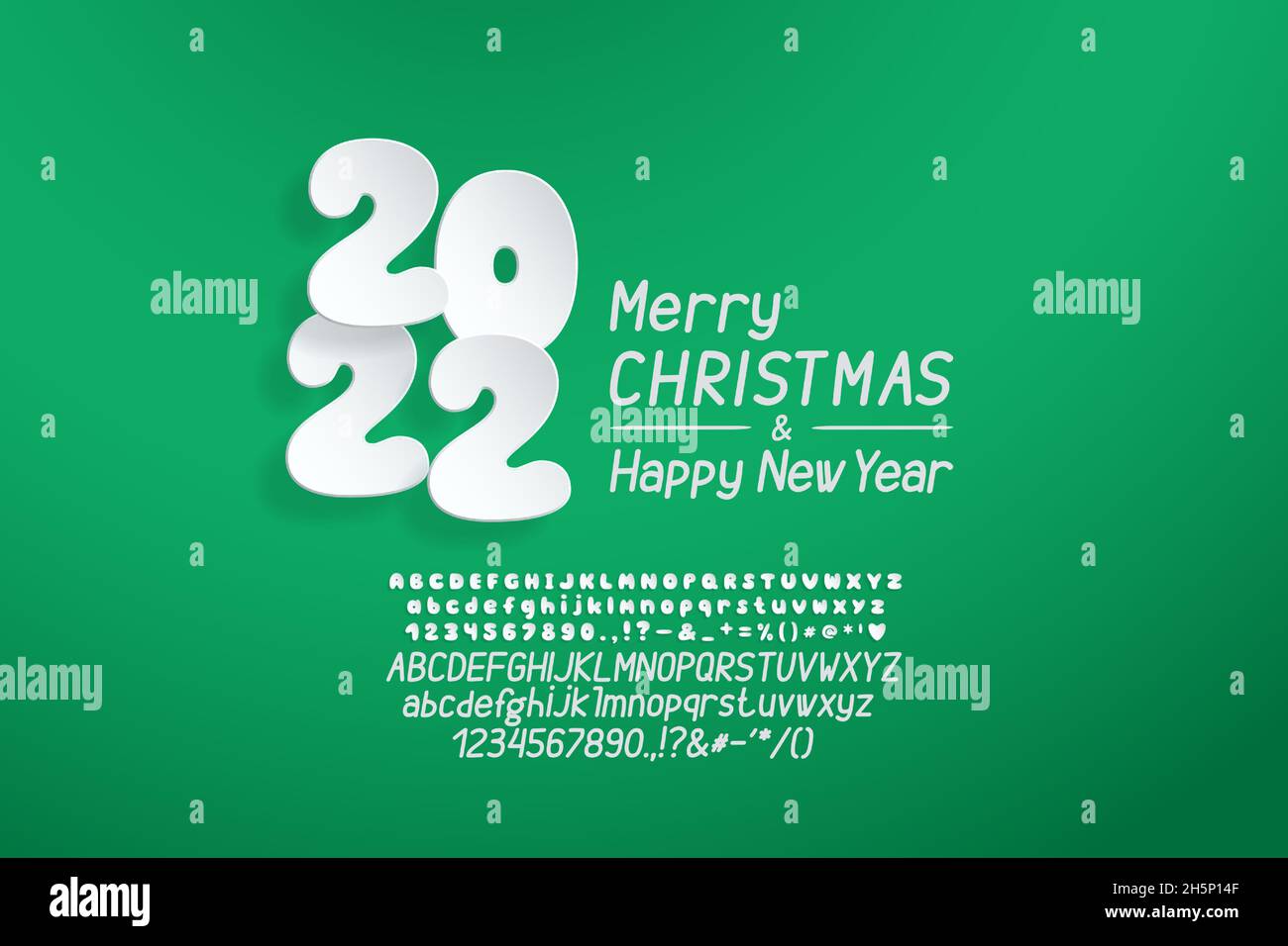 Modern flyer Merry Christmas and Happy New Year with bubble numbers paper style and thin italic alphabet. Gradient background green color. Original fo Stock Vector