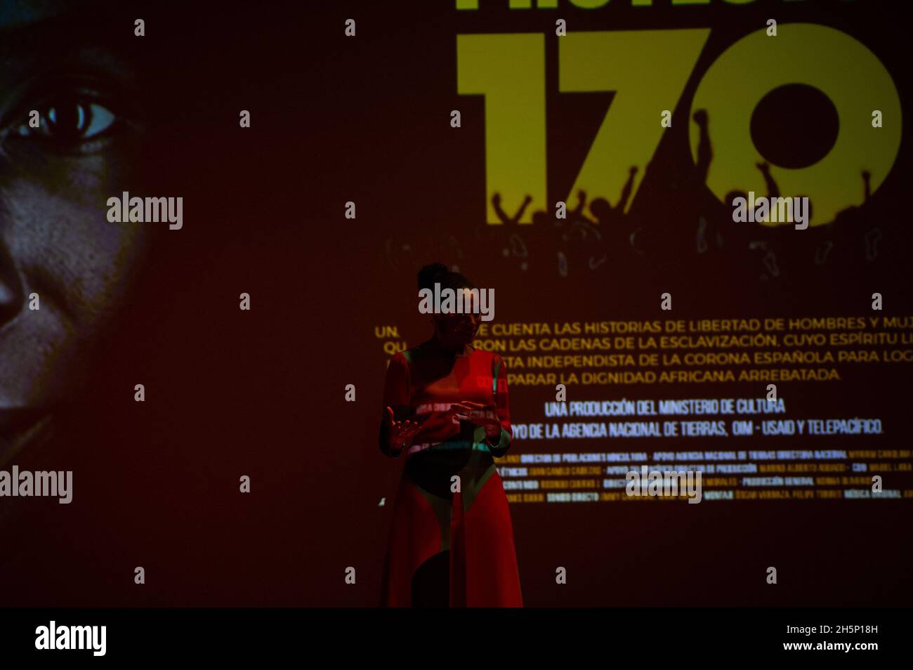 Bogota, Colombia. 10th Nov, 2021. Personalities and politicians take part in the premiere of 'Proyecto 170' a Television series produced by Colombia's Ministry of Culture as a background and memory of the 170 years since the abolition of slavory in Colombia, in the event personalities like Mabelle Lara and the minister of Culture Angelica Maria Mayolo, along representatives of the 'Agencia Nacional de Tierras', USAID and the United Nations OIM. On November 10, 2021, in Bogota, Colombia. Credit: Long Visual Press/Alamy Live News Stock Photo