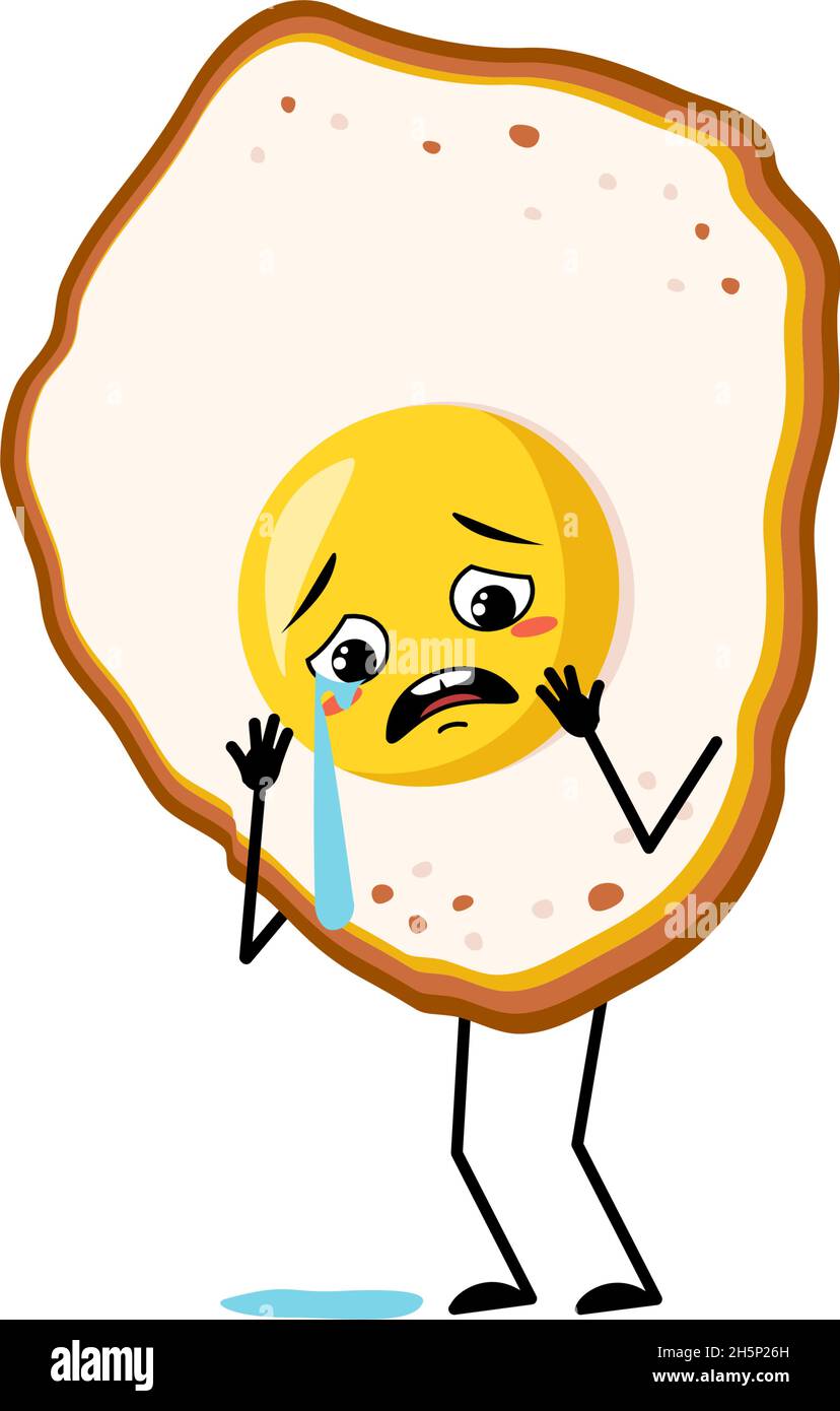 Cute character scrambled eggs with yolk and protein, with crying and tears emotion, sad face, depressive eyes, arms and legs. Fun food for breakfast with melancholy expression. Vector flat illustration Stock Vector