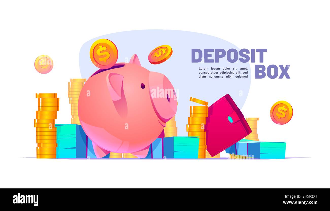 Deposit box banner with piggy bank, gold coins, purse and paper money. Vector poster of finance