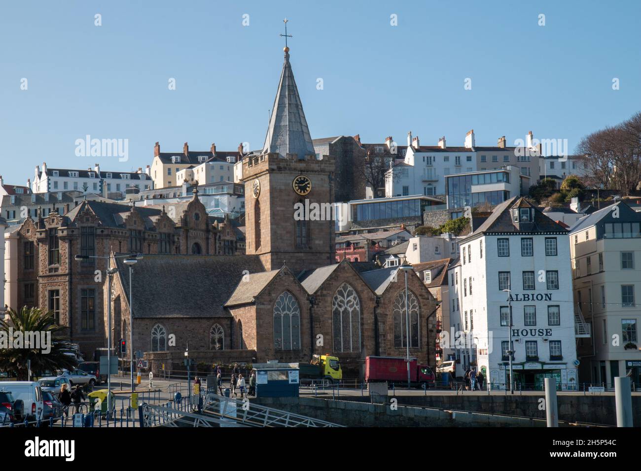View of St Peter Port town Church from albert pier on Guernsey, Channel