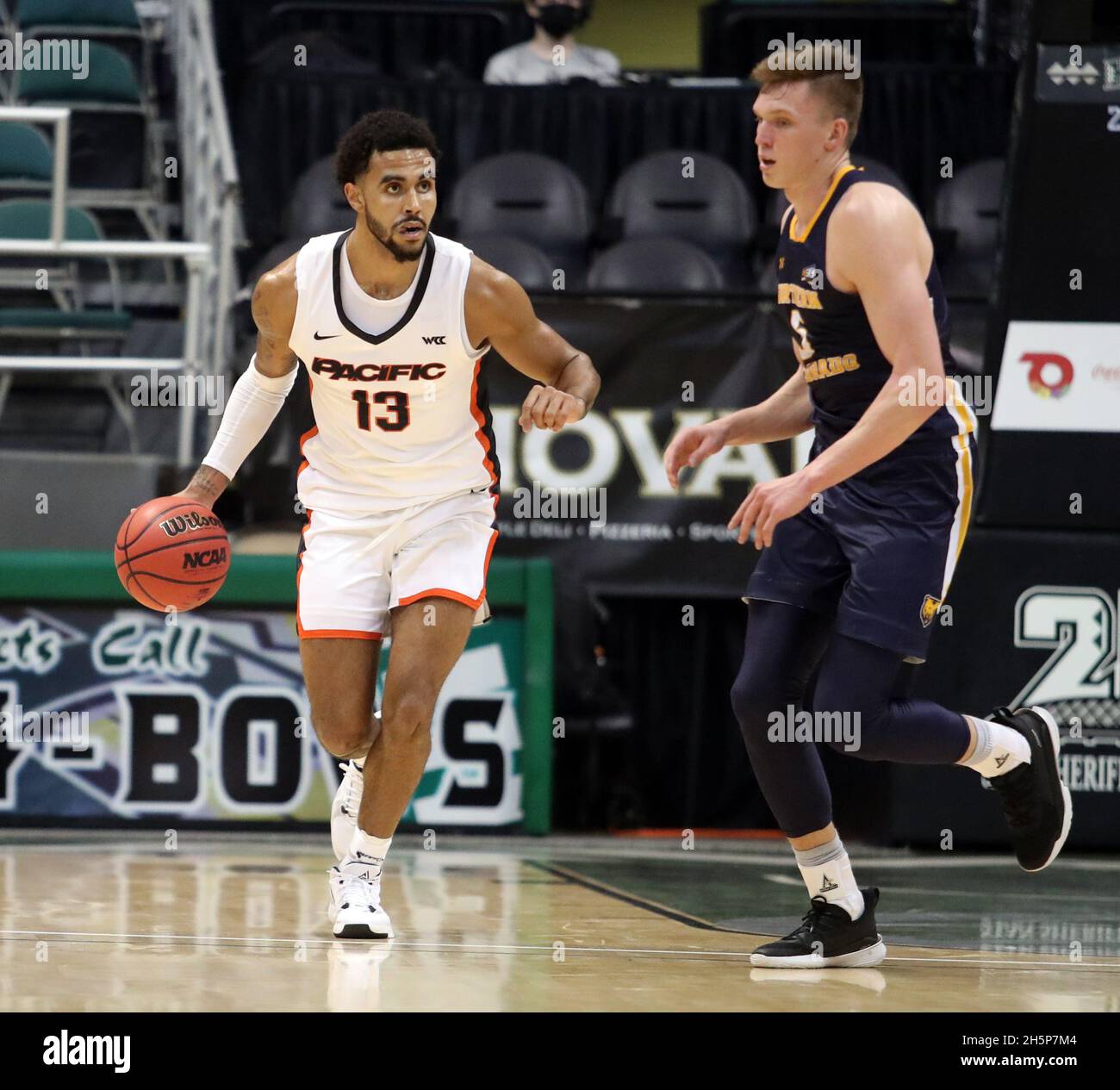 November 10, 2021 - Pacific Tigers forward Jeremiah Bailey #13 directs traffic in a game between the Pacific Tigers and the Northern Colorado Bears during the Rainbow Classic at the SimpliFi Arena at the Stan Sheriff Center in Honolulu, HI - Michael Sullivan/CSM Stock Photo