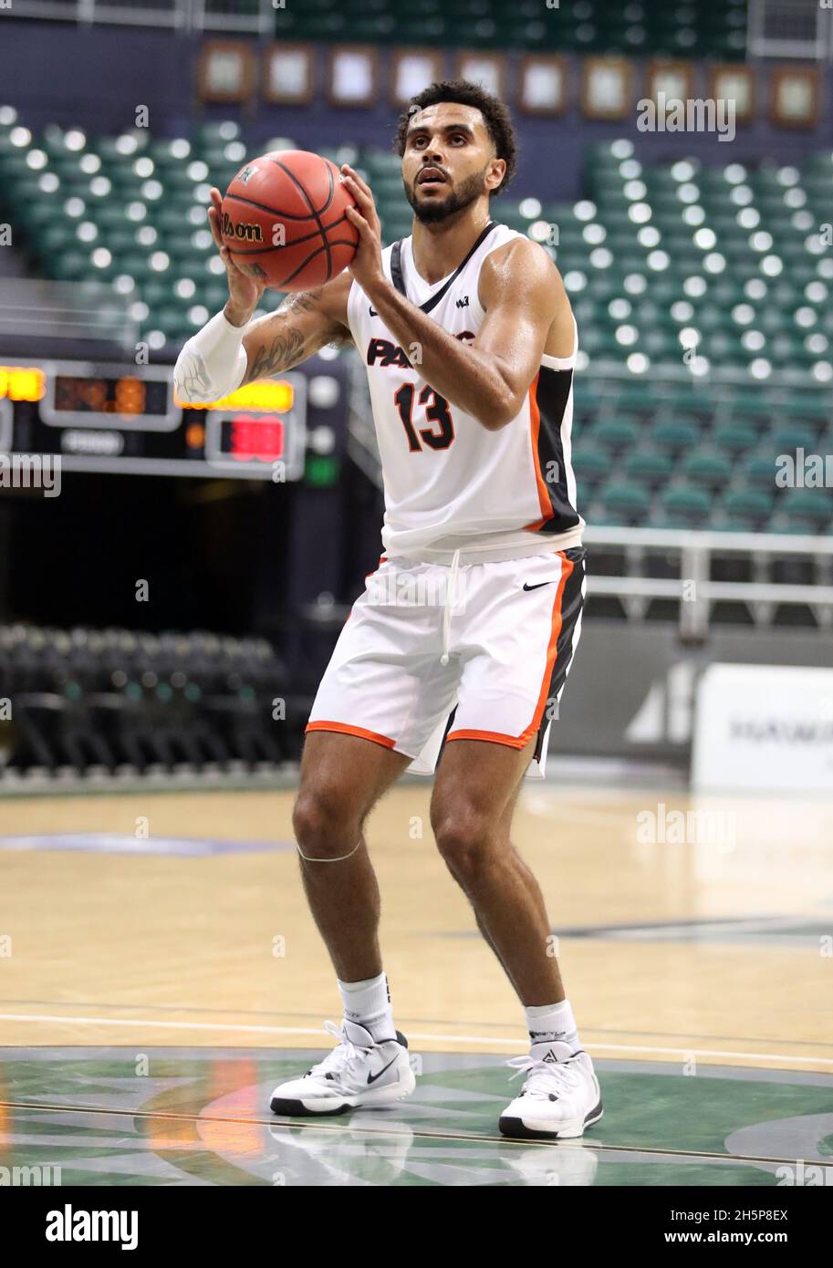 November 10, 2021 - Pacific Tigers forward Jeremiah Bailey #13 shoots a free throw during a game between the Pacific Tigers and the Northern Colorado Bears during the Rainbow Classic at the SimpliFi Arena at the Stan Sheriff Center in Honolulu, HI - Michael Sullivan/CSM Stock Photo