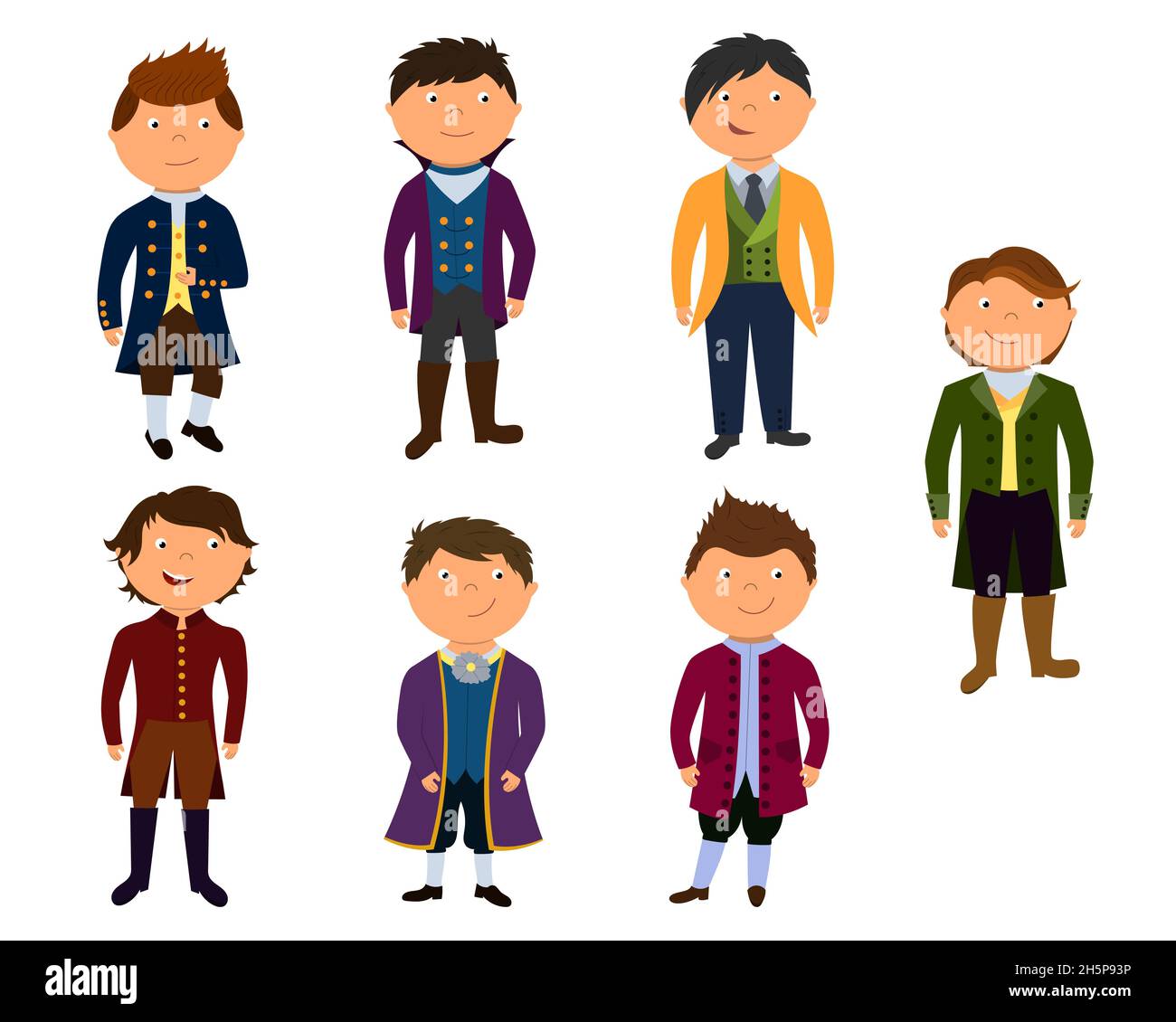 Little boys in prince's costume, in fancy dress. A set of cute kids dressed as royalty. vector illustration isolated on a white background Stock Vector