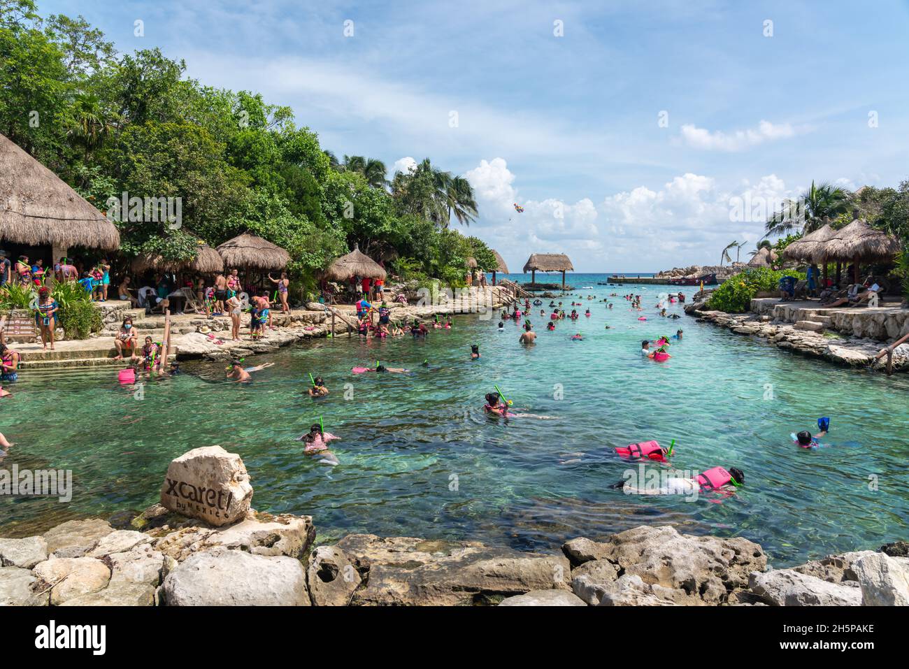 Cancun, Mexico September 13, 2021 Snorkeling at XCaret park on the Mayan Riviera resort Stock