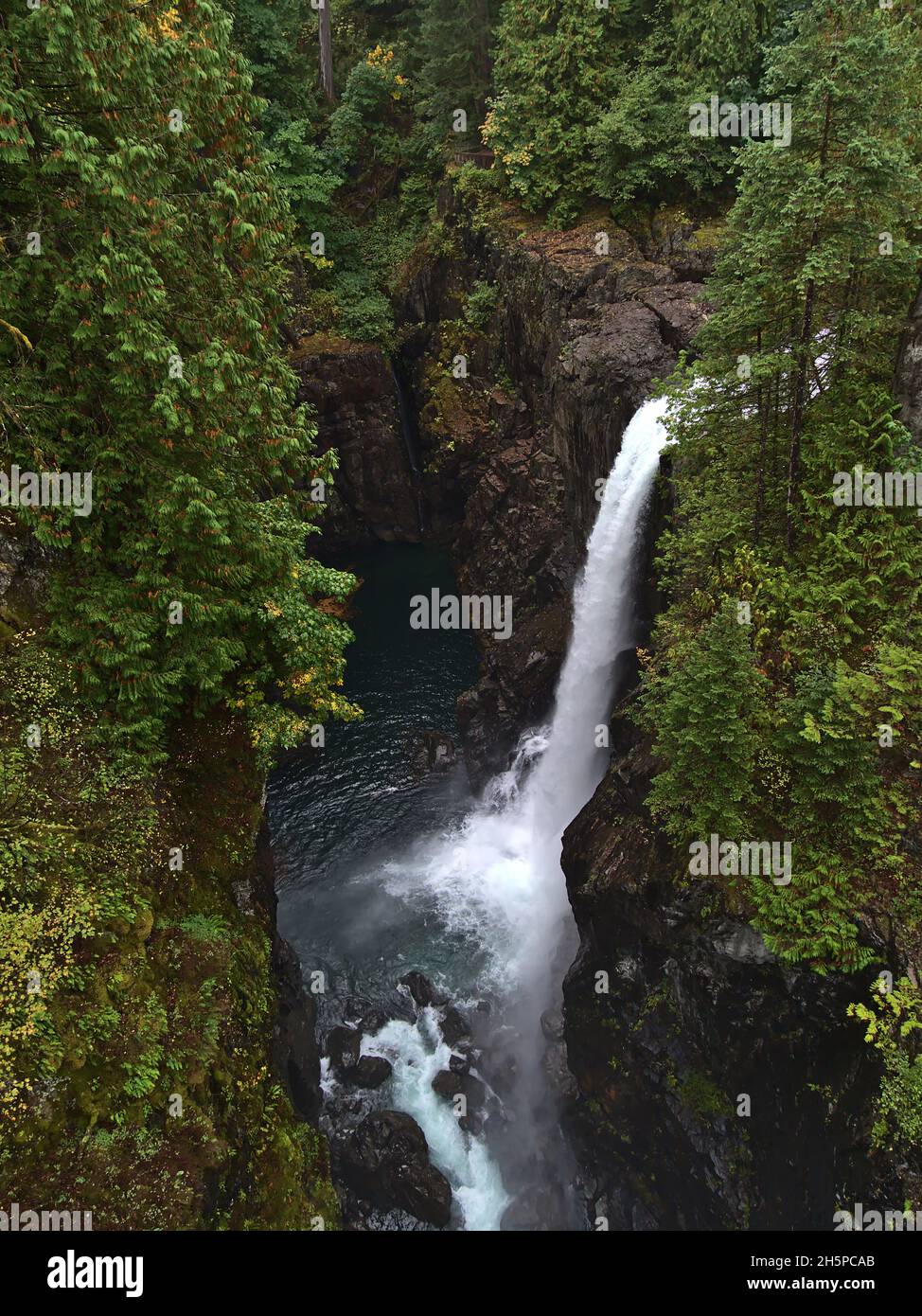 High angle view of waterfall Elk Falls located in Provincial Park near Campbell River on Vancouver Island, British Columbia, Canada in gorge. Stock Photo