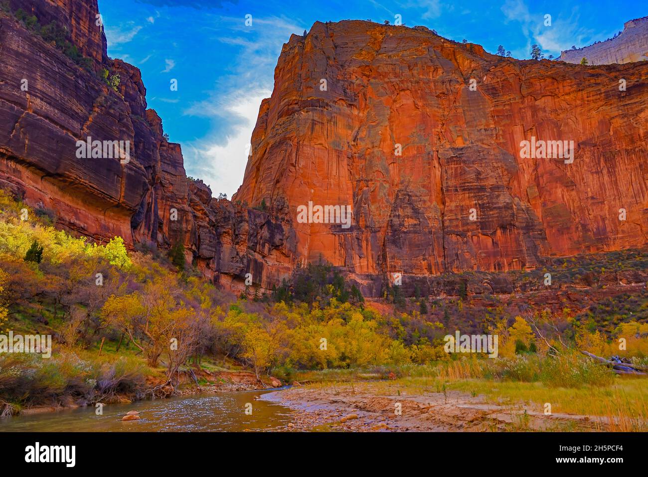 This is an autumn view Angels Landing in the Big Bend area of Zion Canyon in Zion National Park, Springdale, Washington County, Utah, USA. Stock Photo