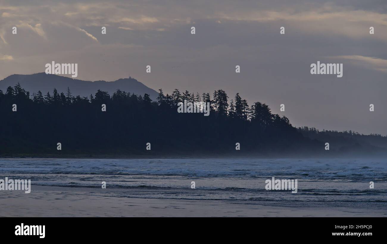 View over Long Beach in Pacific Rim National Park Reserve, British Columbia, Canada in the morning with rough sea and the silhouette of rainforest. Stock Photo