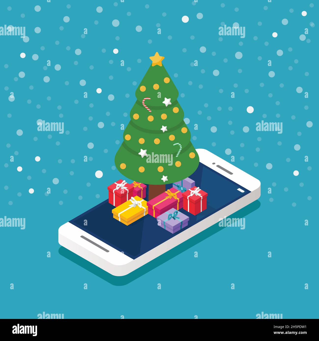 christmas tree with gift boxes on smartphone screen isometric. Vector illustration Stock Vector