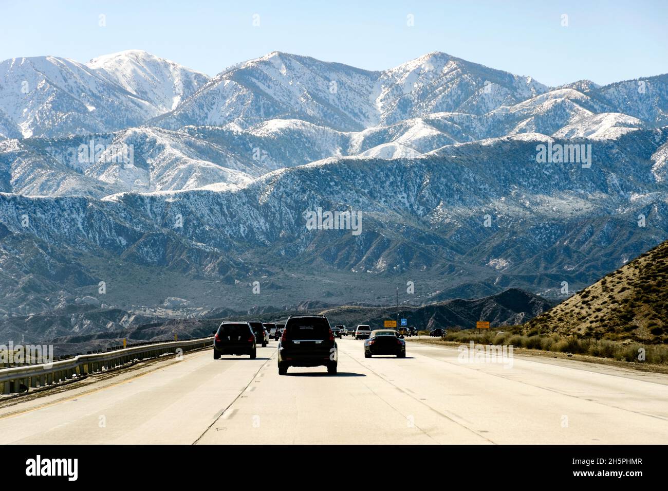 Driving down Cajon Pass, San Bernardino, in the dead of winter Stock
