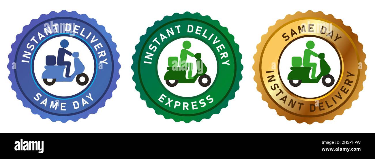emblem tag label express same day delivery express badgesend with bike motor cycle gold green blue Stock Vector