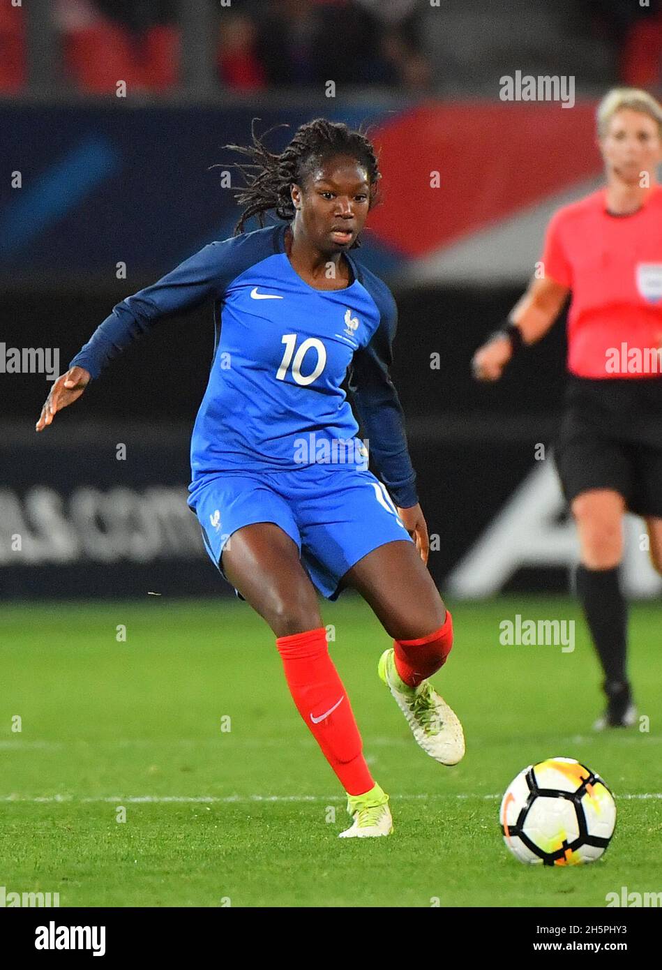 File photo dated October 20, 2017 of France 's Aminata Diallo during the International friendly match between France and England held at Stade du Hainaut in Valenciennes, France. PSG midfielder Aminata Diallo has been arrested in connection with an attack on her PSG team-mate Kheira Hamraoui. L’Equipe report that the attack happened after a team get-together on November 4. Hamraoui attended a team meal at a restaurant near Bois de Boulogne in Paris, and returned home with some team-mates, including Diallo, who was driving, a relative of Hamraoui told the French daily. At approximately 10pm, tw Stock Photo