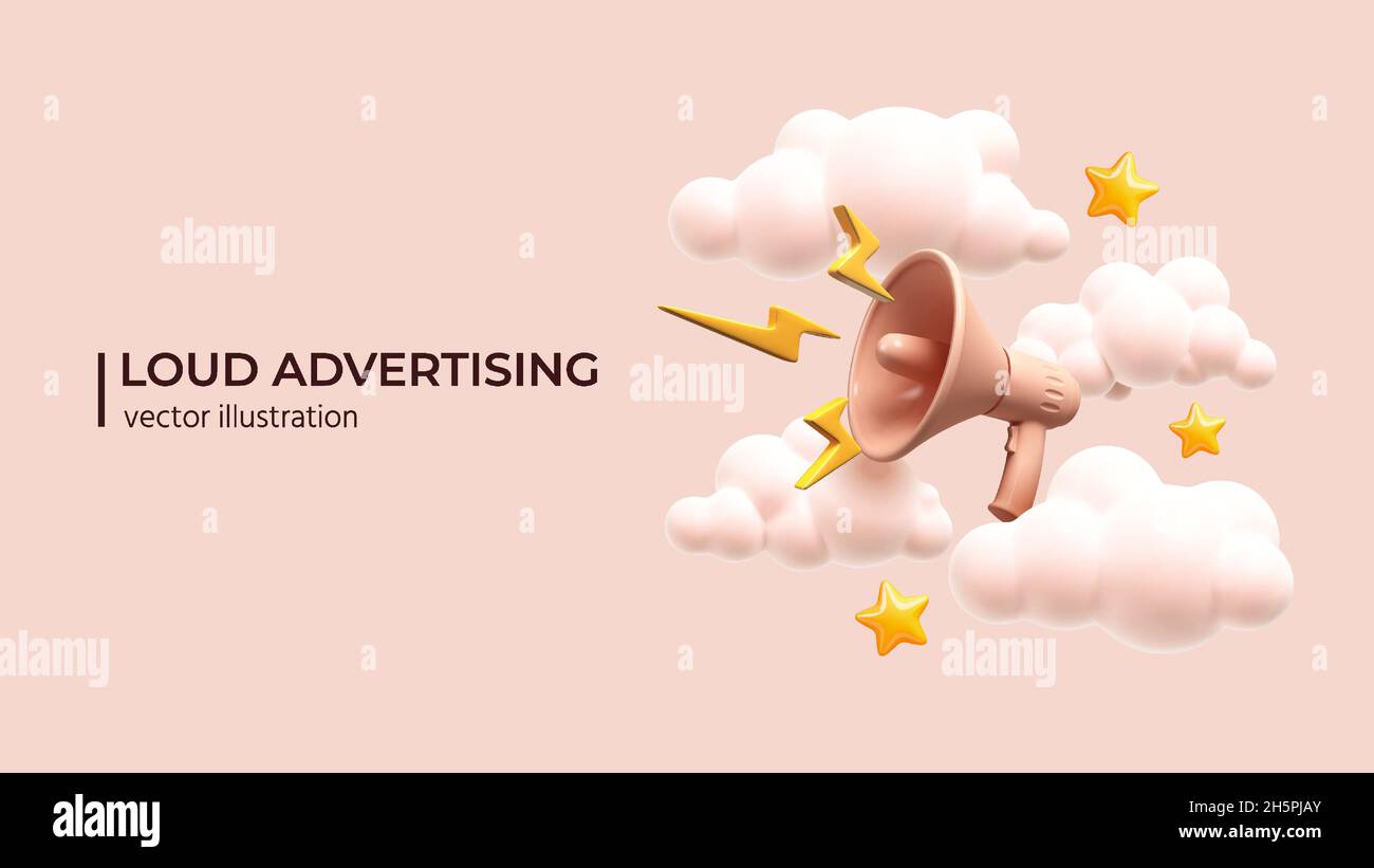 Loudspeaker with lightning with clouds and stars around. Marketing or ...