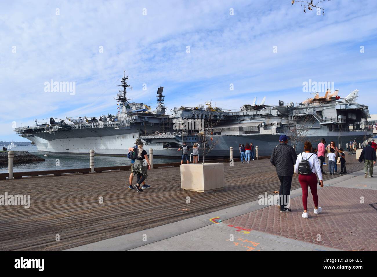 View of USS Midway, which served in WWII; now a museum ship moored in San Diego, California Stock Photo