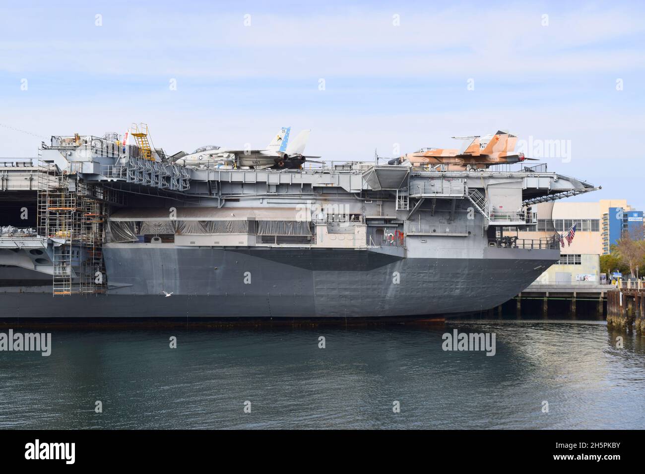 View of USS Midway, which served in WWII; now a museum ship moored in San Diego, California Stock Photo