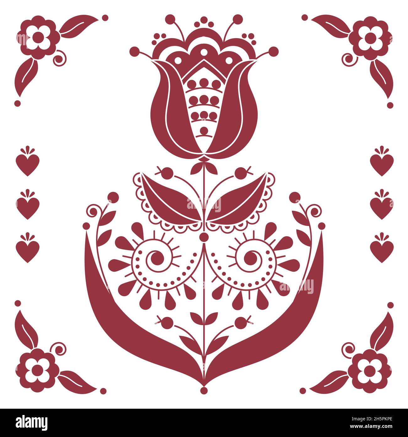 Scandinavian folk art flower vector greeting card design with brown flower and coners, retro floral patterns inspired by the traditional embroidery fr Stock Vector